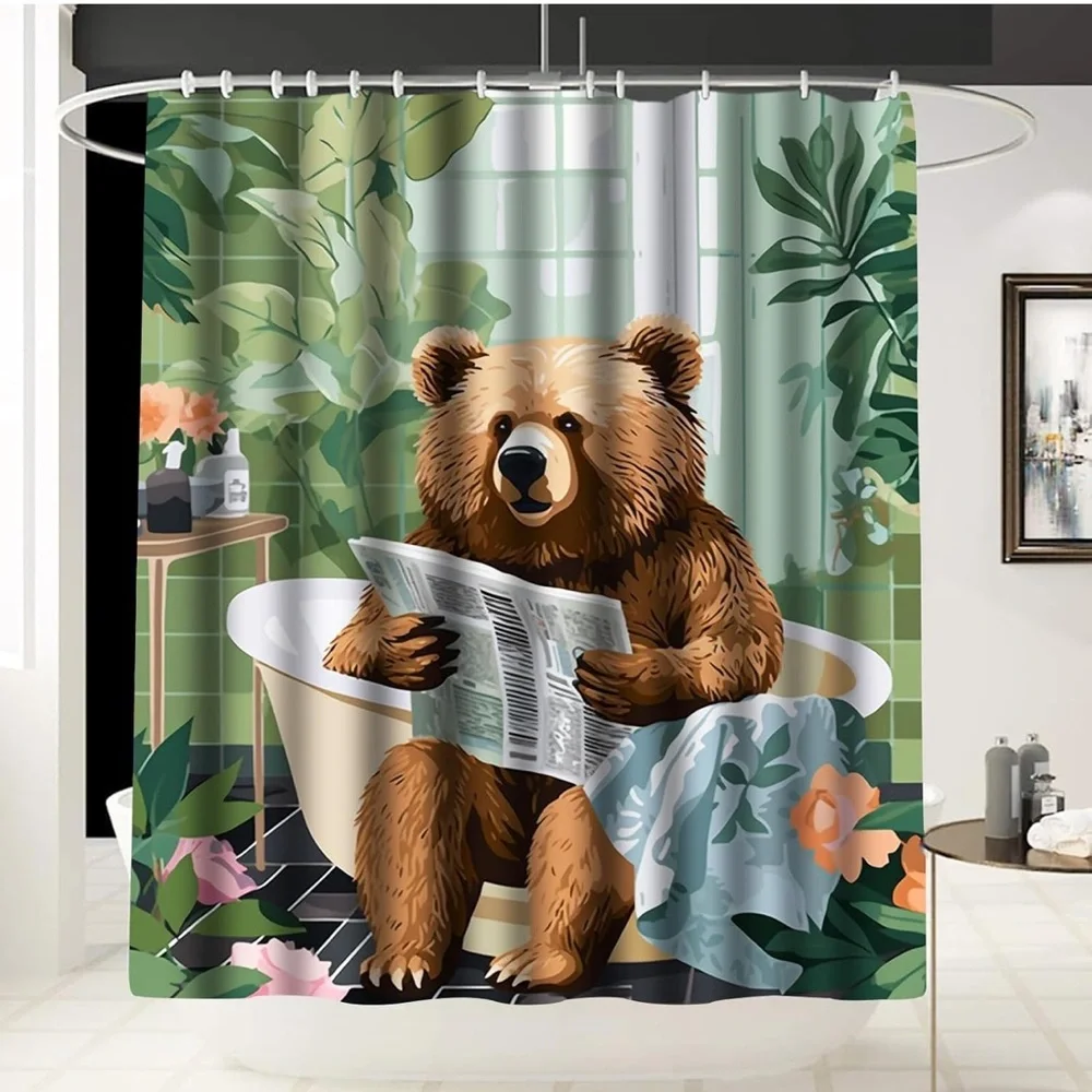 Bear Print Shower Curtain - Green and Brown